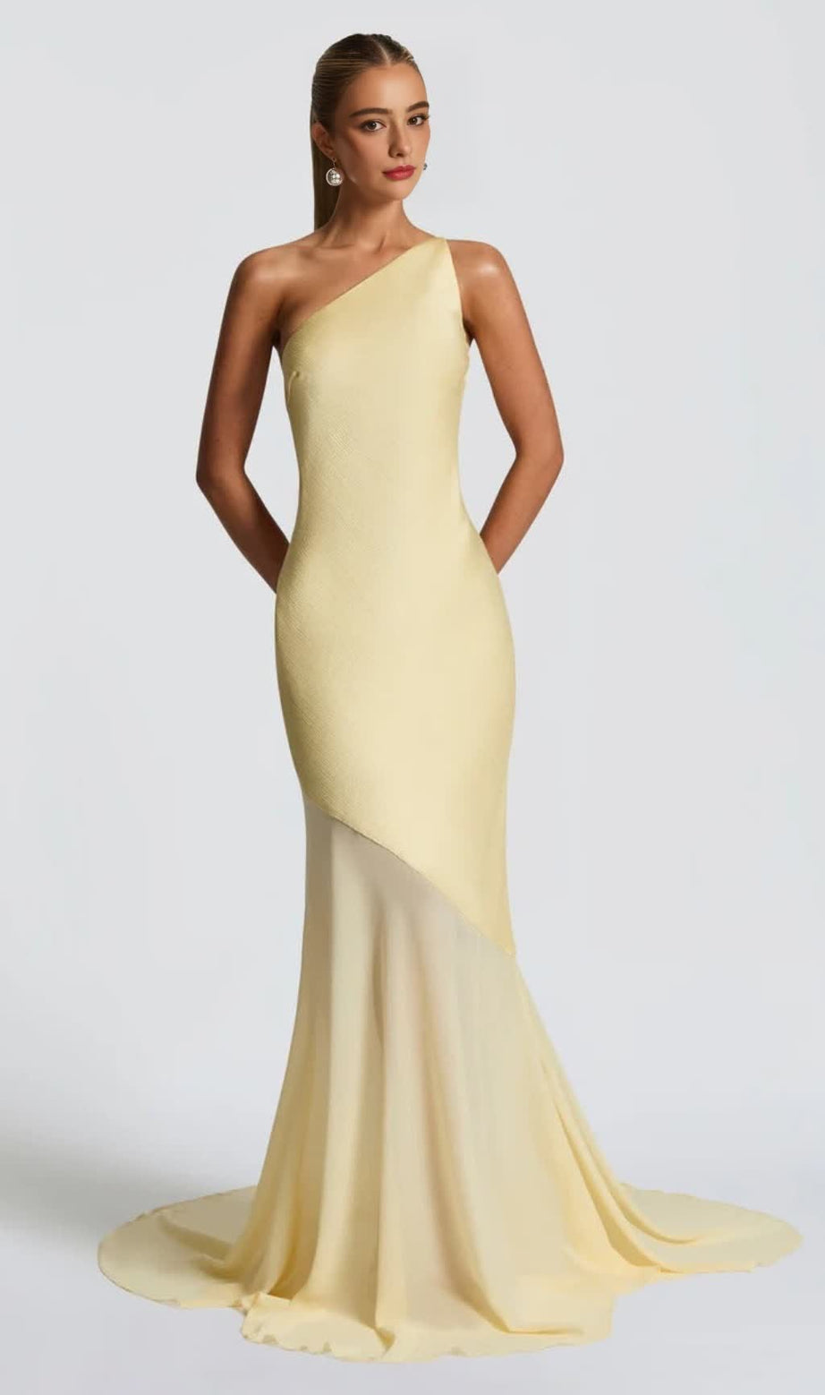 Lace-up beveled back satin maxi dress in lemon yellow