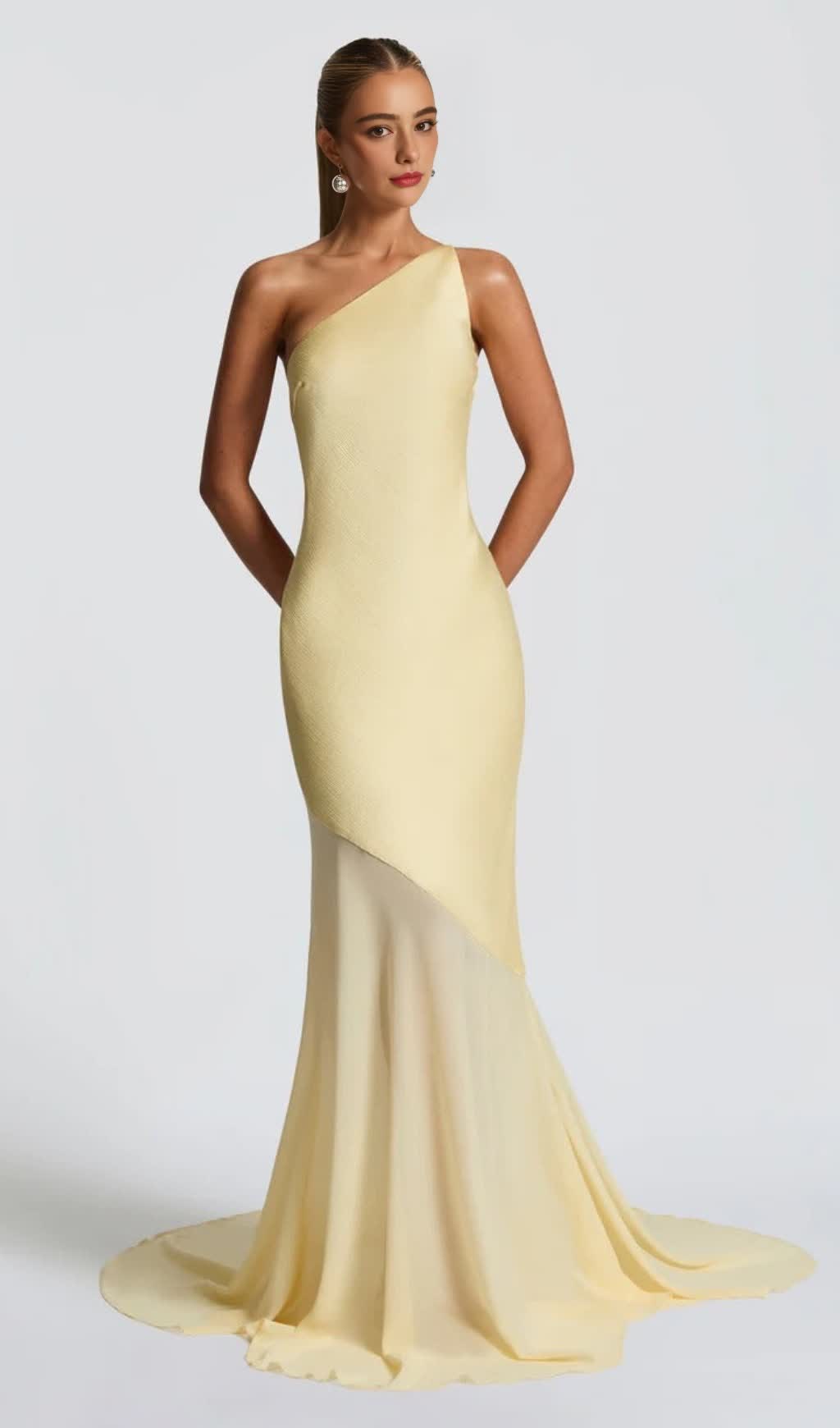 LACE-UP BEVELED BACK SATIN MAXI DRESS IN LEMON YELLOW