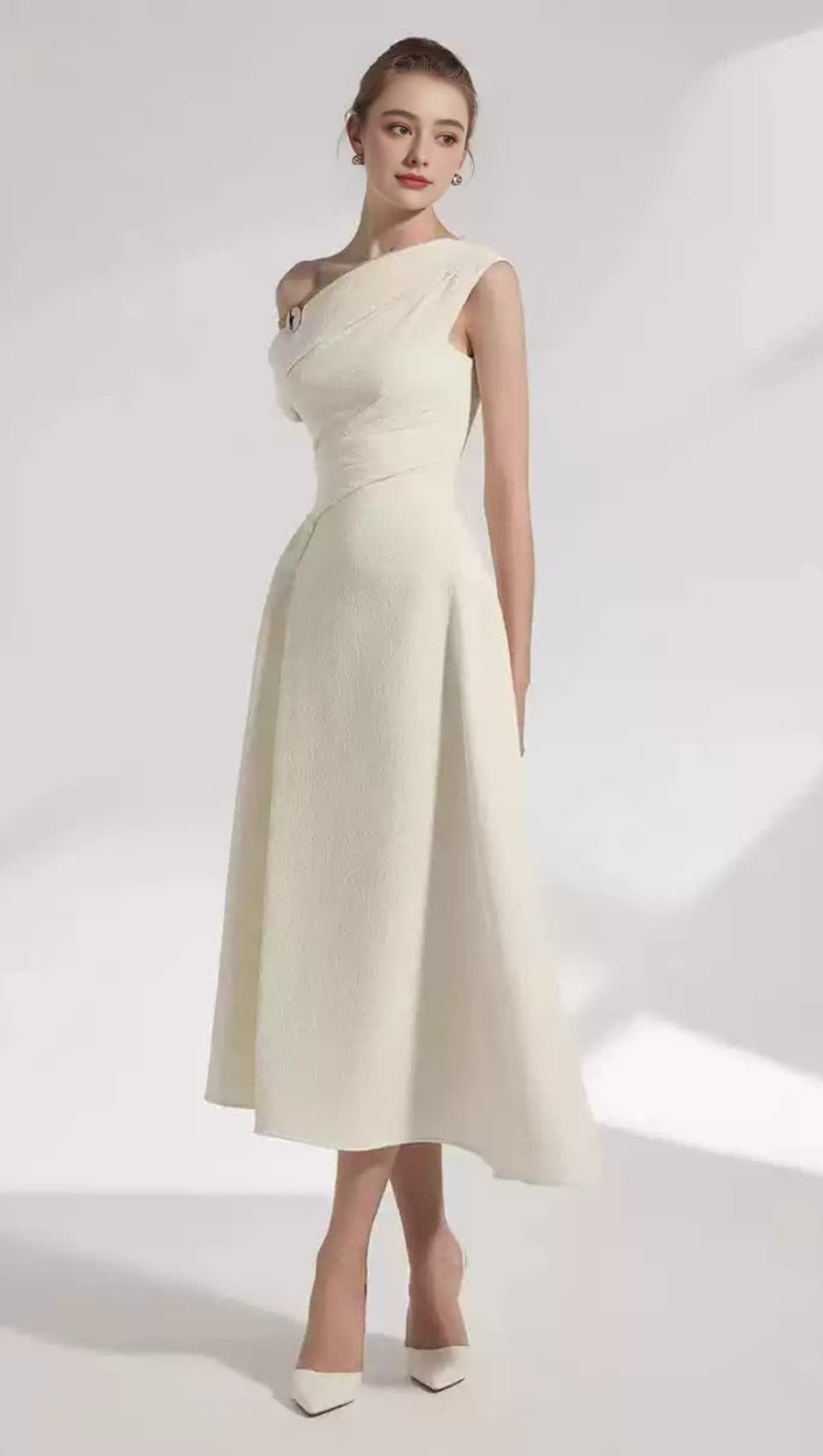 LUCY ONE-SHOULDER A-LINE MIDI DRESS IN WHITE