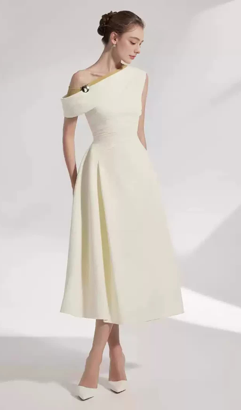 LUCY ONE-SHOULDER A-LINE MIDI DRESS IN WHITE