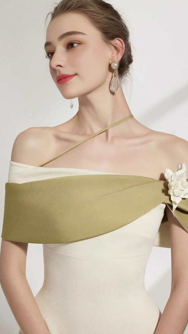 AIIZIE A-LINE OPEN SHOULDER COTTON CREPE MIDI DRESS IN BEIGE - product image