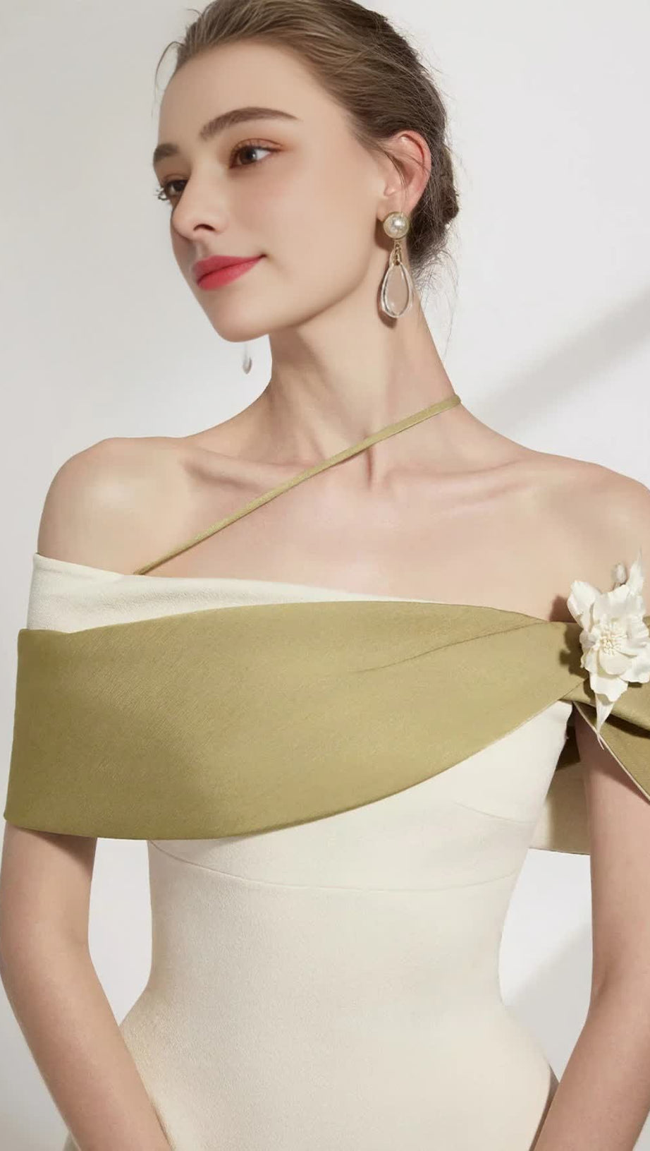 A-LINE OPEN SHOULDER COTTON CREPE MIDI DRESS IN BEIGE