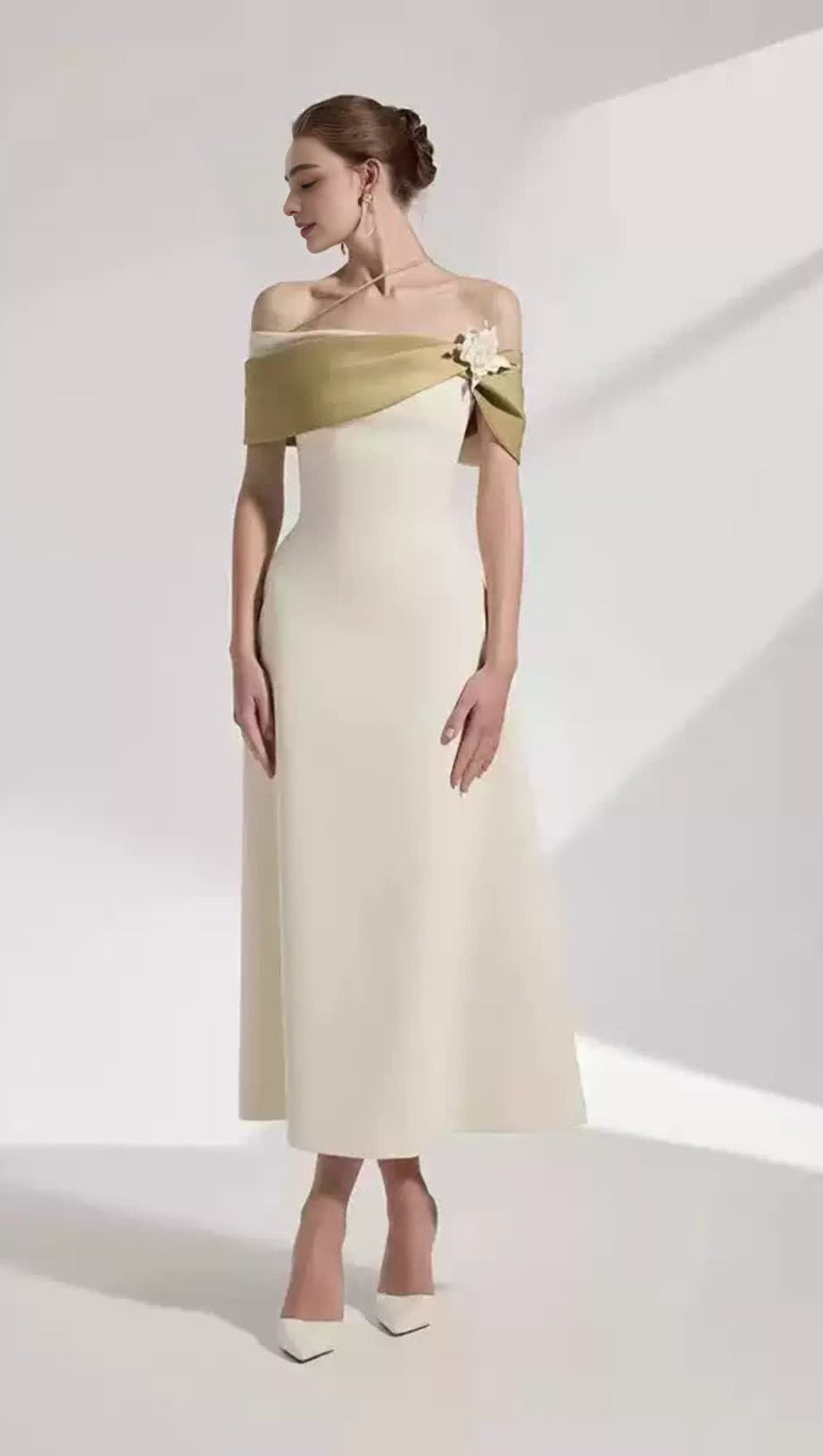 A-LINE OPEN SHOULDER COTTON CREPE MIDI DRESS IN BEIGE