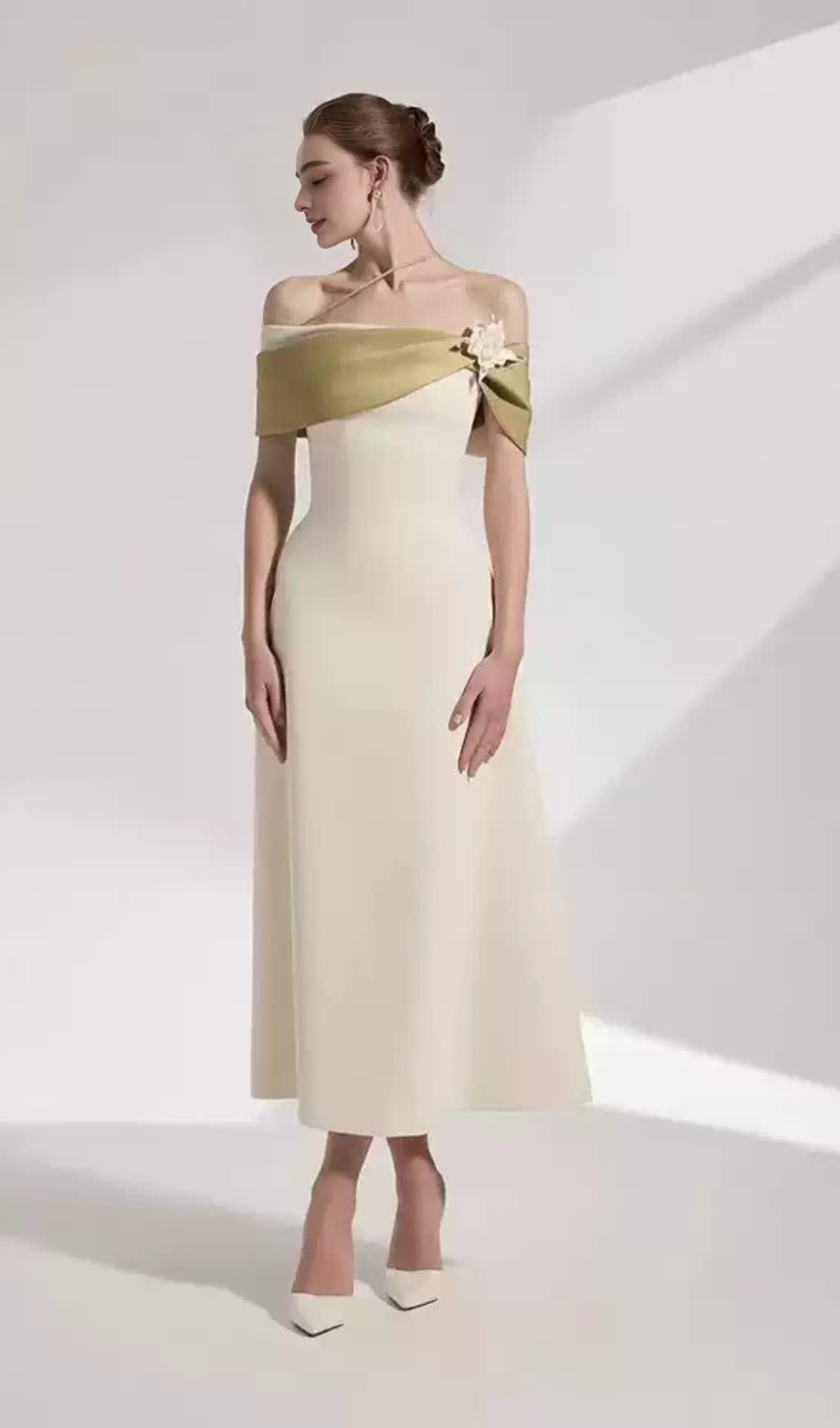 A-LINE OPEN SHOULDER COTTON CREPE MIDI DRESS IN BEIGE