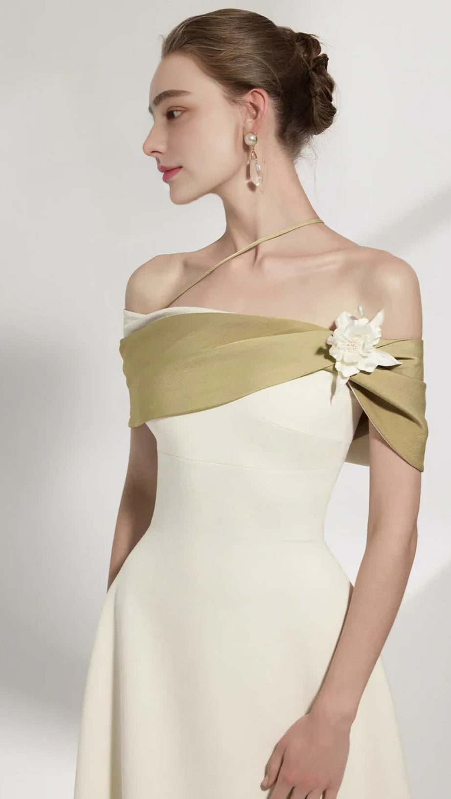 A-LINE OPEN SHOULDER COTTON CREPE MIDI DRESS IN BEIGE