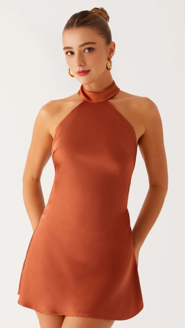 AIIZIE HALTER BACKLESS SATIN MINI DRESS IN RUST - product image