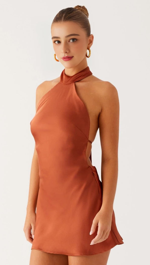 AIIZIE HALTER BACKLESS SATIN MINI DRESS IN RUST - product image