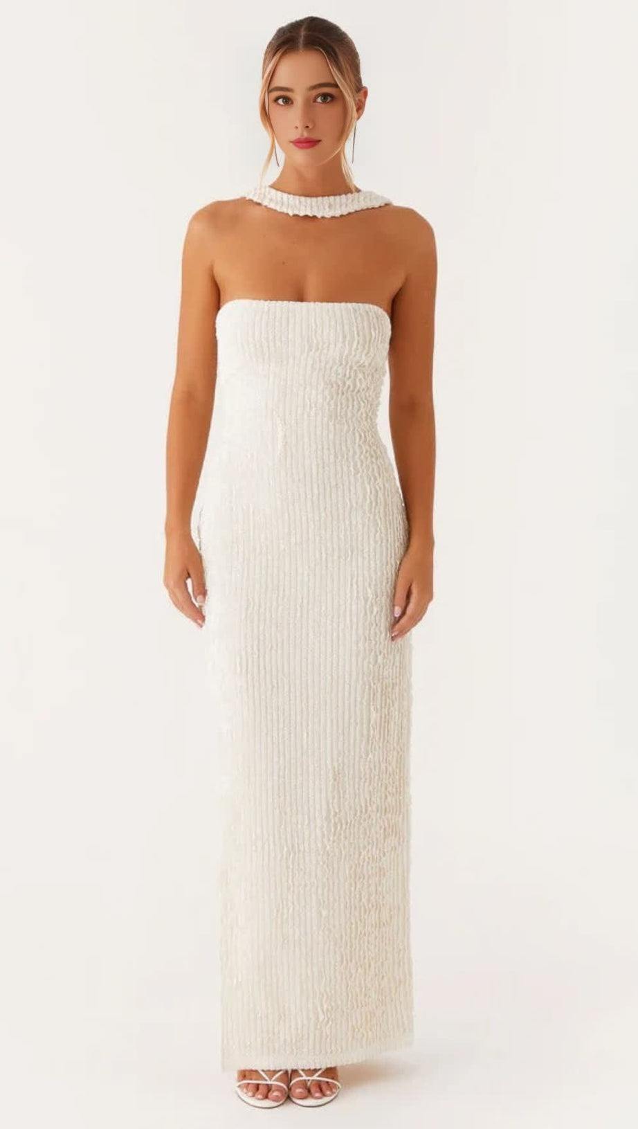 HALTER STRAPLESS SLIT MAXI DRESS IN IVORY