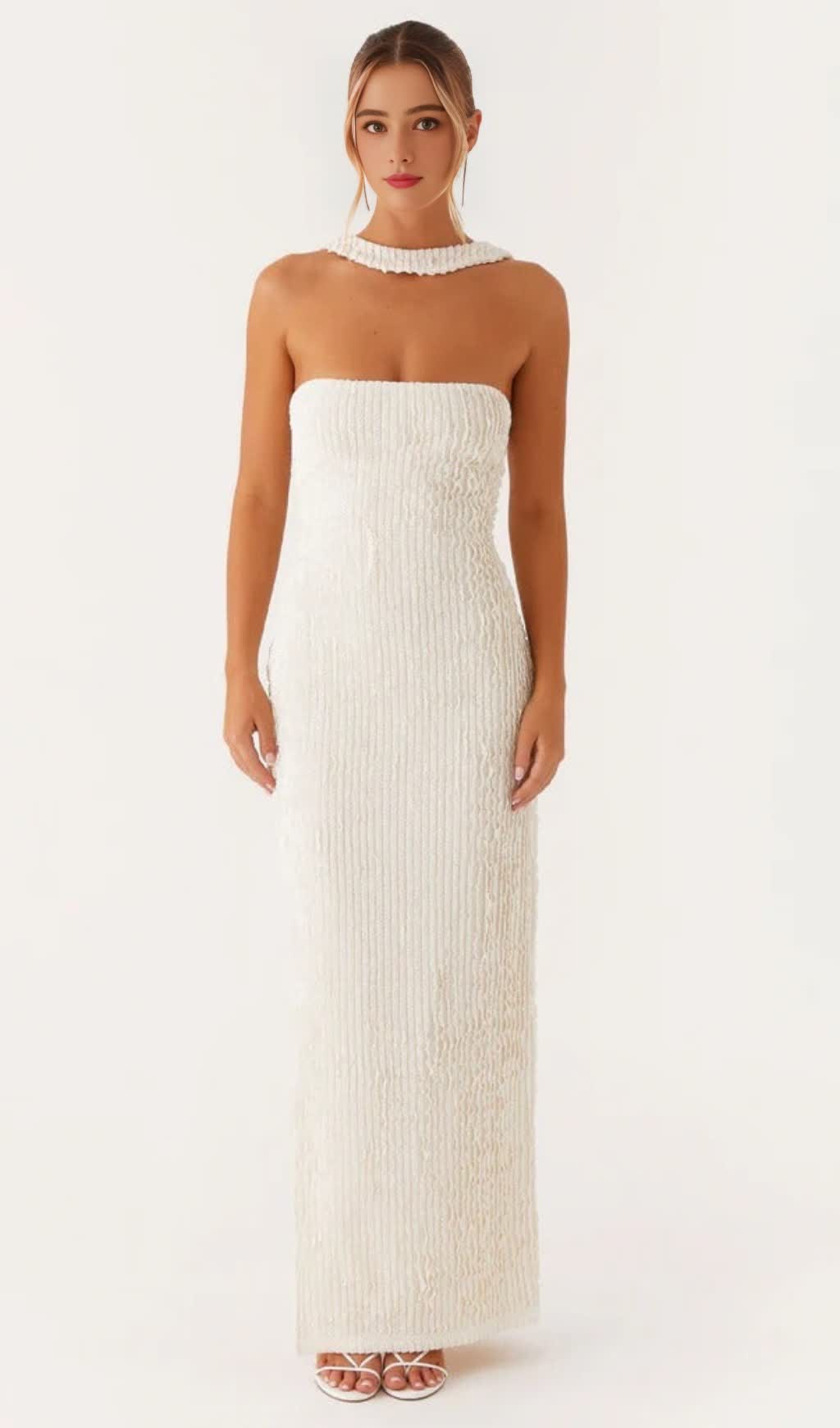 HALTER STRAPLESS SLIT MAXI DRESS IN IVORY