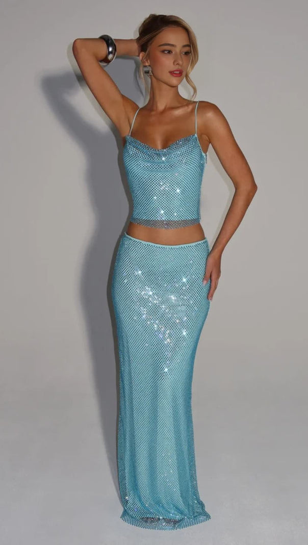 AIIZIE MELISSA SEQUIN TUBE TOP MAXI SKIRT SUIT IN BLUE - product image