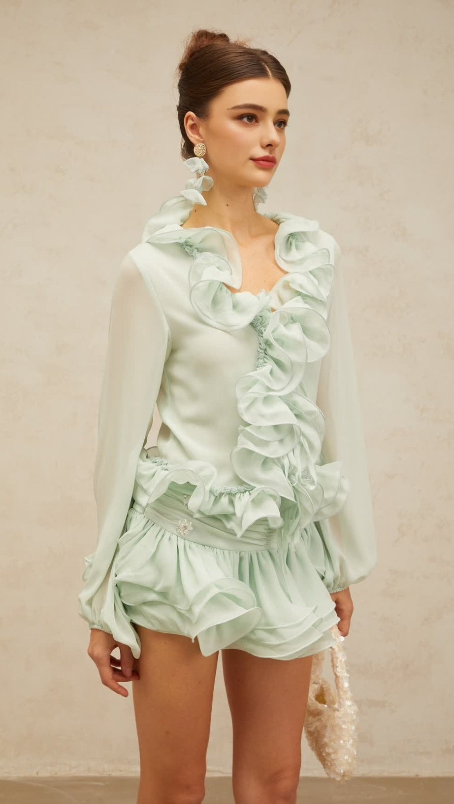 FLOUNCED CHIFFON BLOUSE & SKIRT MATCHING SET IN MINT
