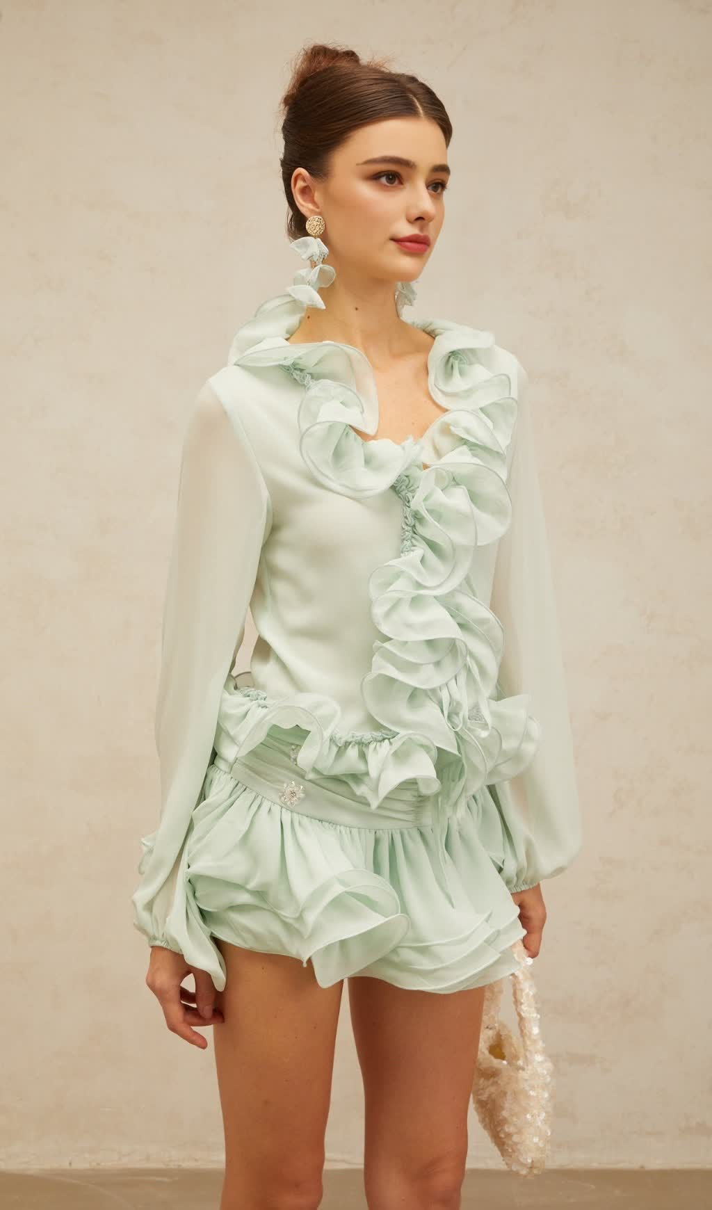 flounced chiffon blouse & skirt matching set in mint