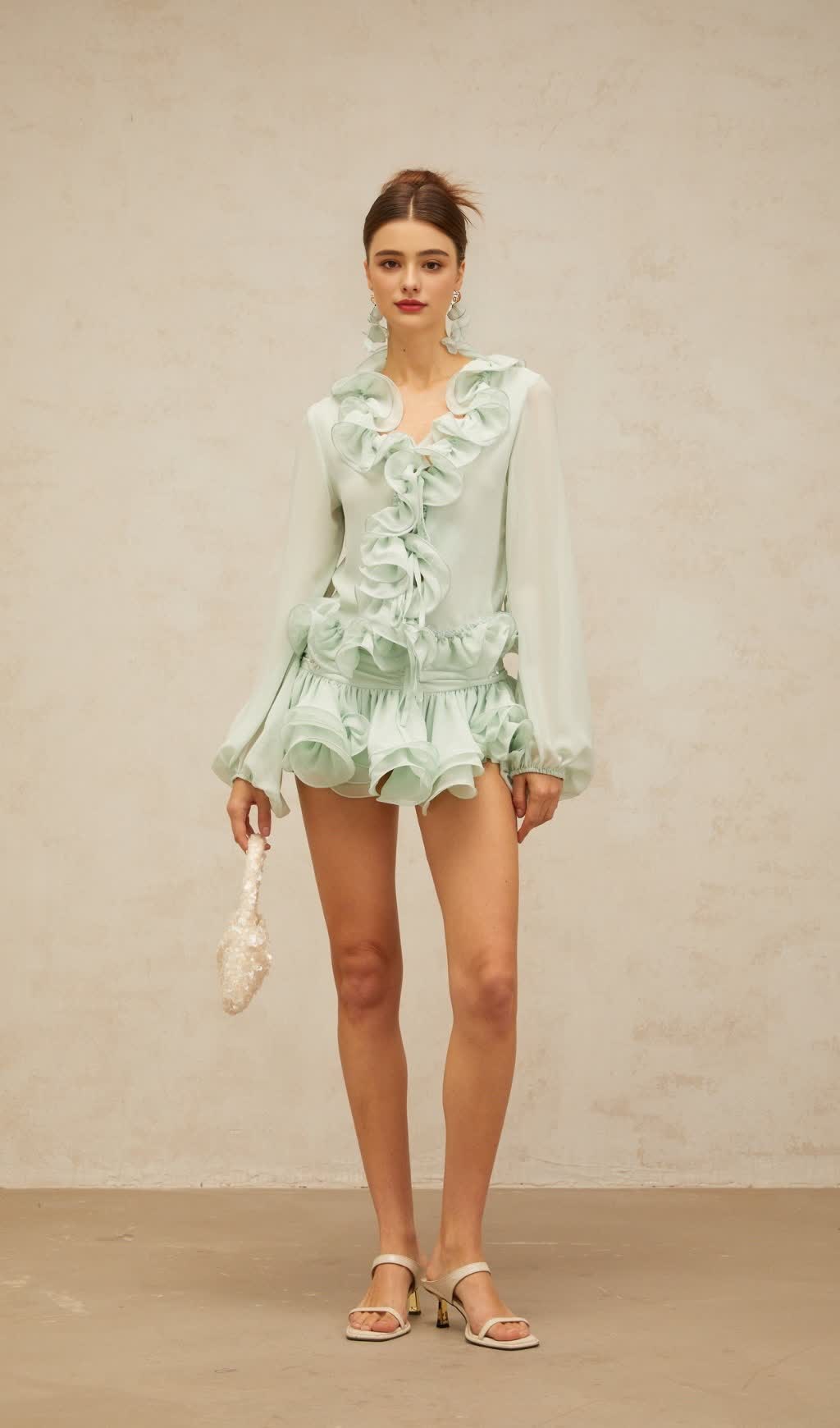 flounced chiffon blouse & skirt matching set in mint