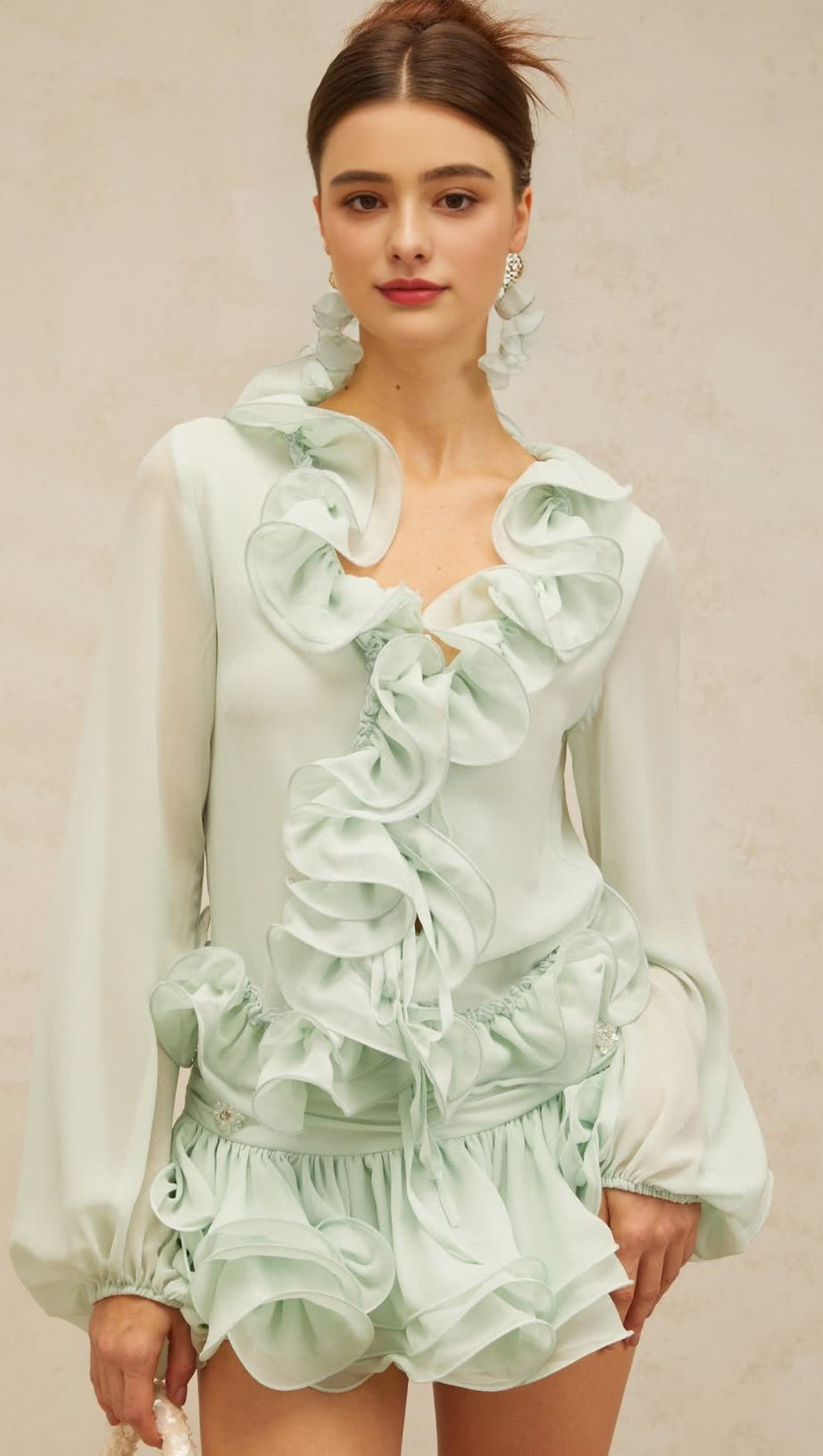 FLOUNCED CHIFFON BLOUSE & SKIRT MATCHING SET IN MINT