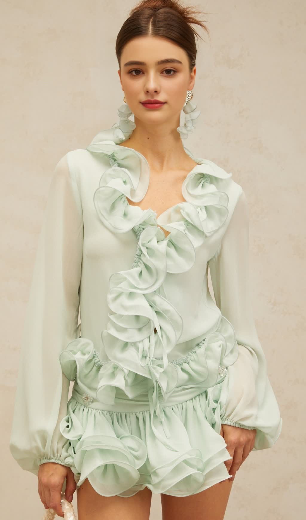 flounced chiffon blouse & skirt matching set in mint