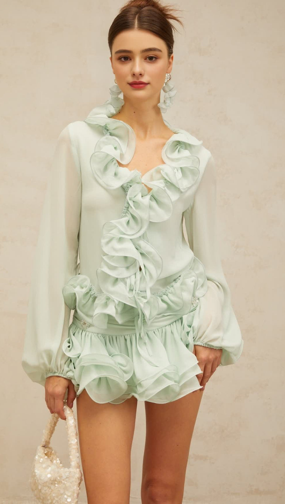 FLOUNCED CHIFFON BLOUSE & SKIRT MATCHING SET IN MINT