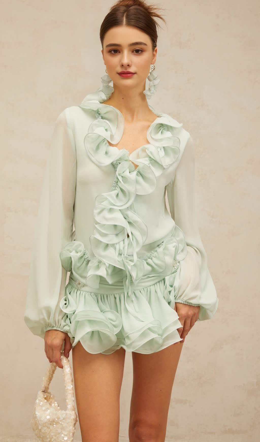 flounced chiffon blouse & skirt matching set in mint