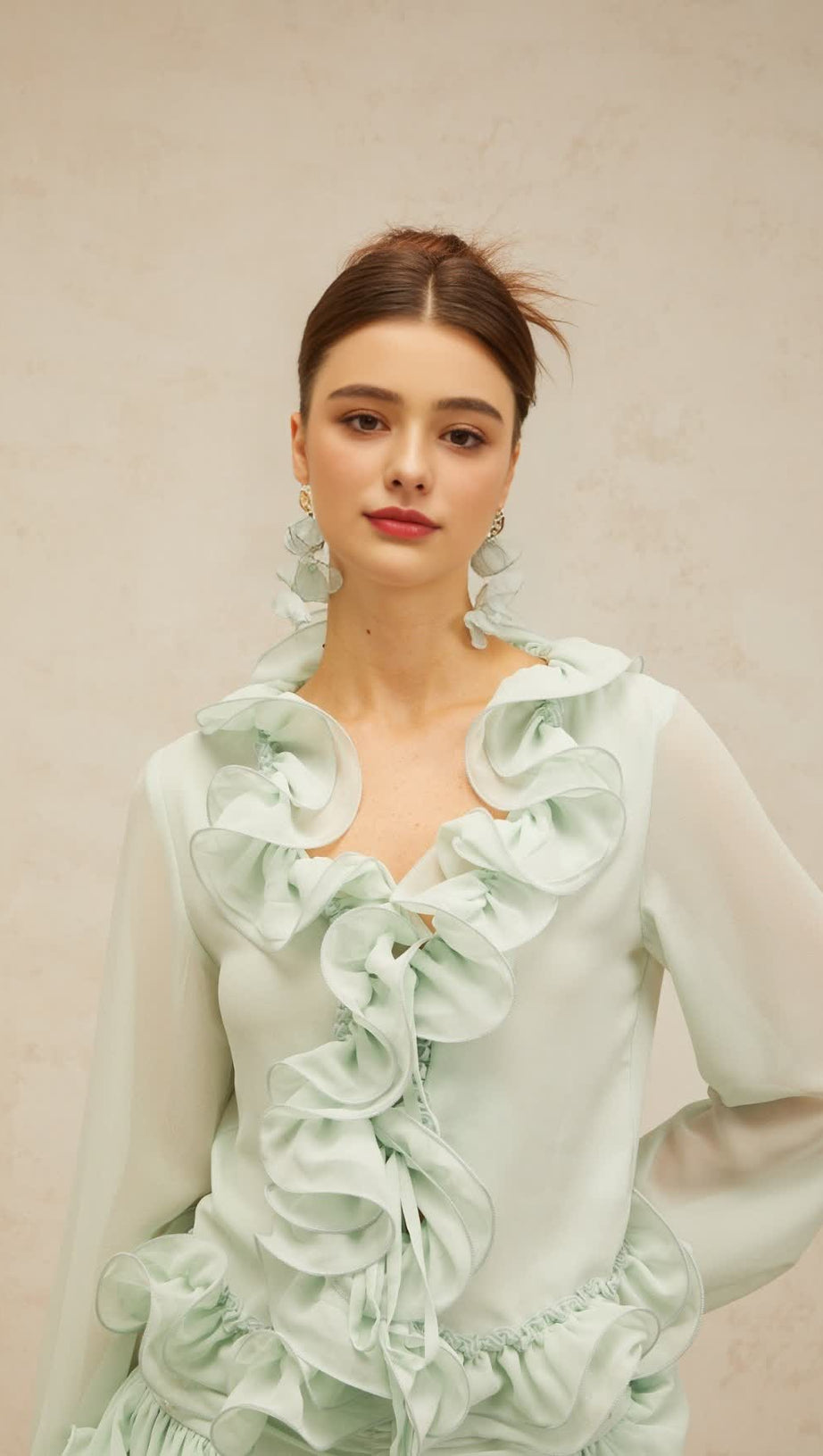 FLOUNCED CHIFFON BLOUSE & SKIRT MATCHING SET IN MINT