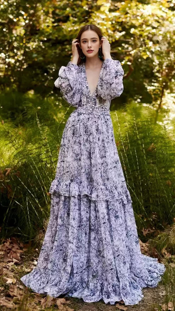 AIIZIE ELEGANT FLORAL V - NECK MAXI DRESS - product image