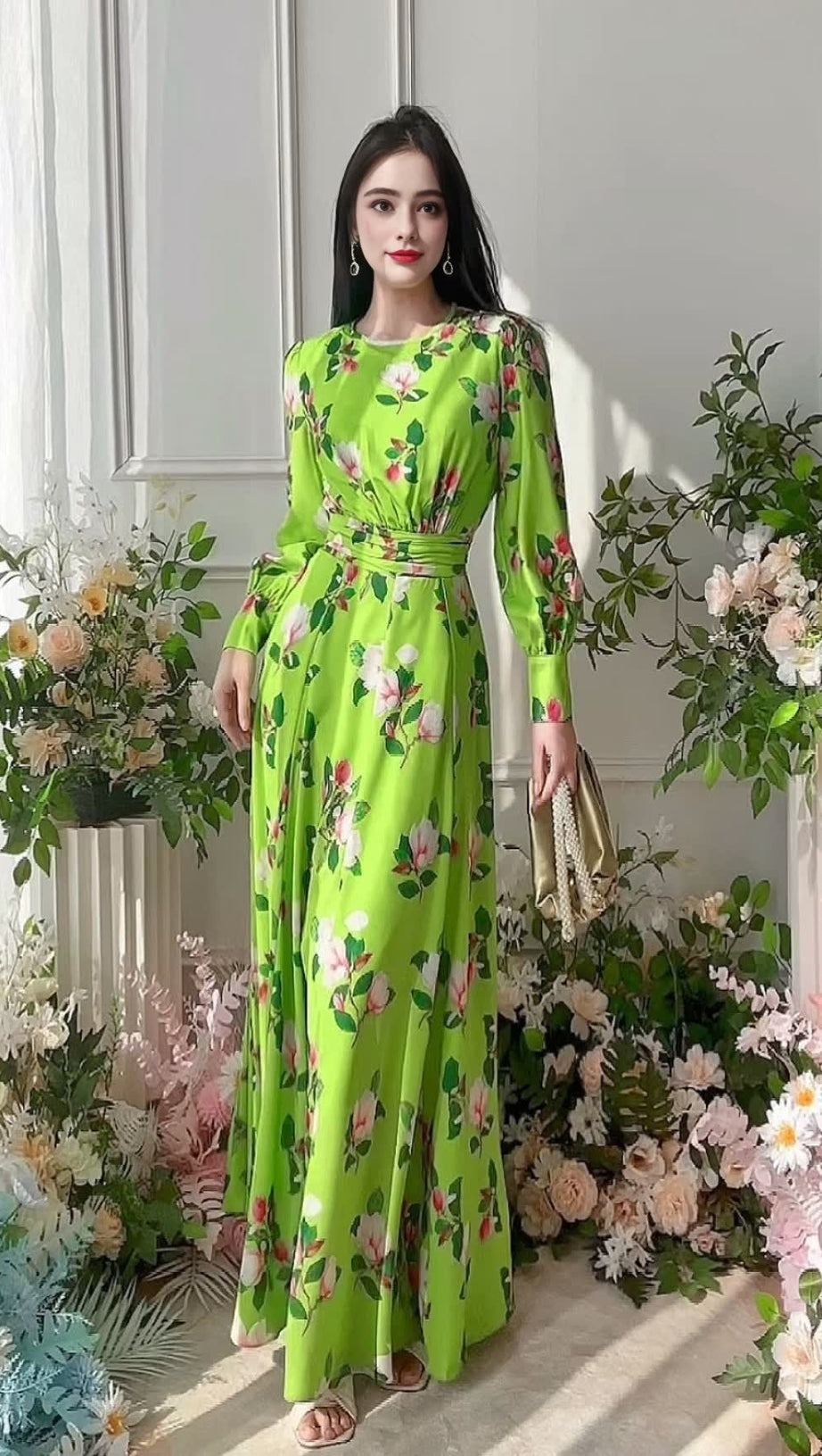 GREEN FLORAL LONG SLEEVE MAXI DRESS