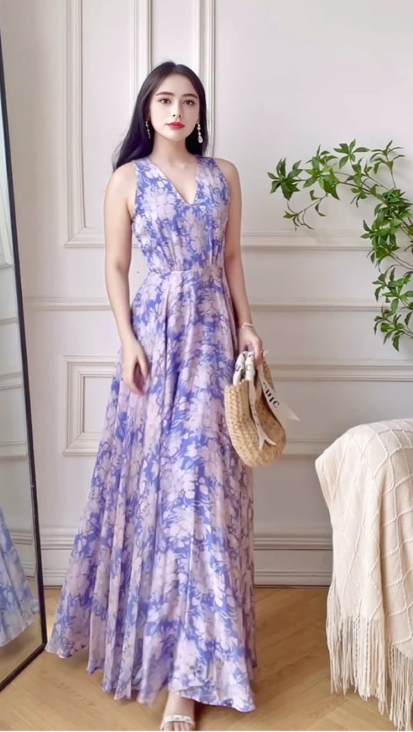 AIIZIE PURPLE ELEGANT FLORAL MAXI DRESS WITH V - NECK AND FLOWY SKIRT - product image