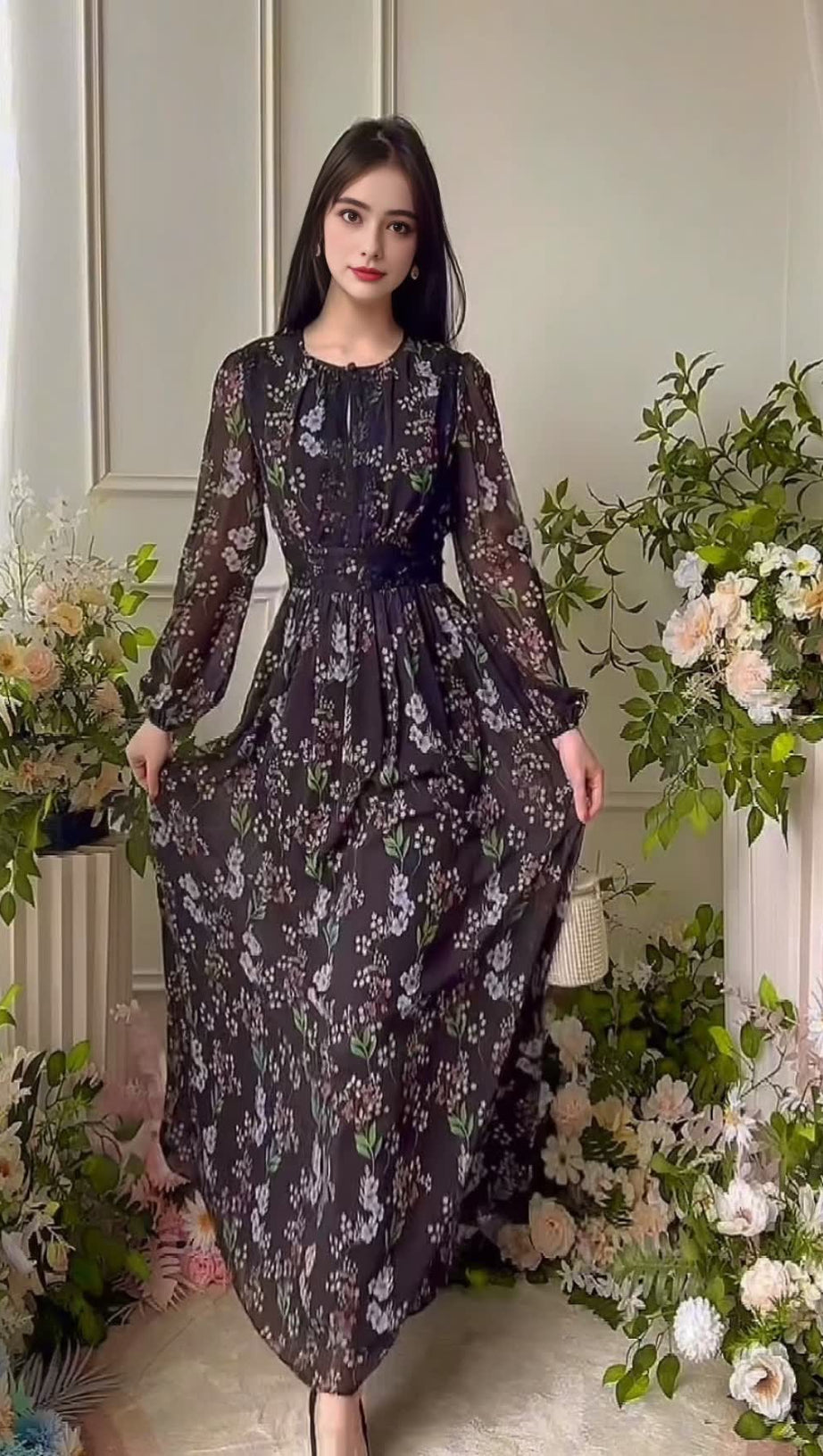 Schwarzes Maxikleid mit Blumenmuster, transparenten Ärmeln und Spitzendetails 