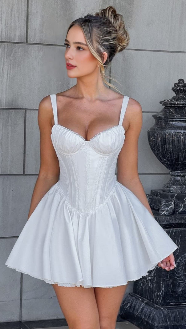 AIIZIE LACE RUFFLE TRIM CORSET MINI DRESS IN WHITE - product image