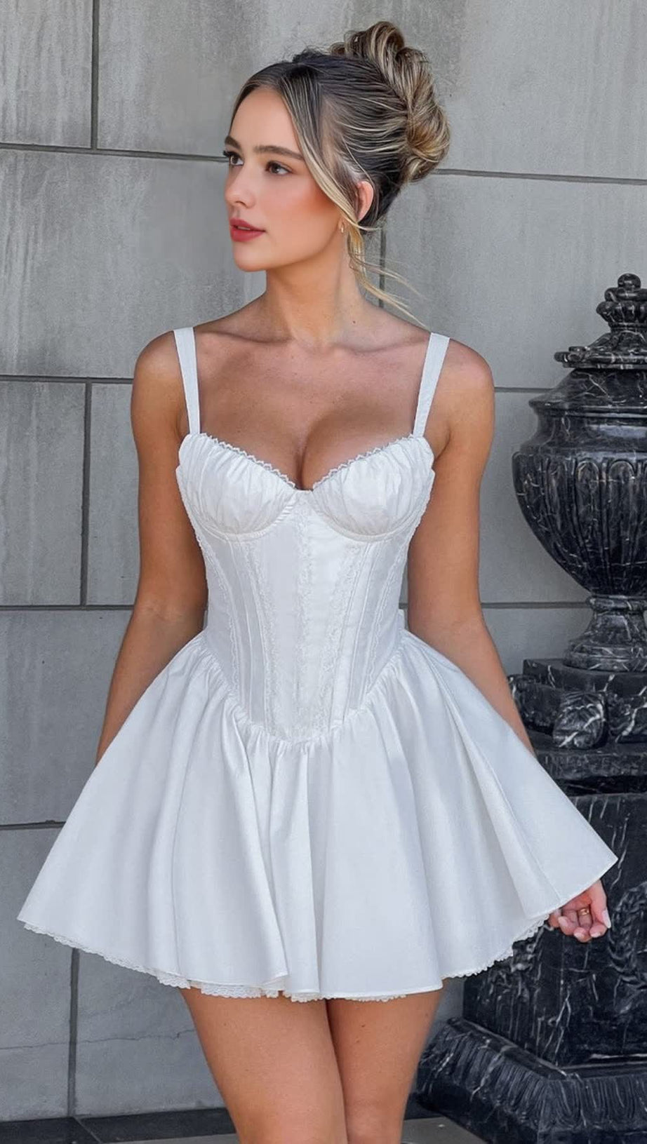 LACE RUFFLE TRIM CORSET MINI DRESS IN WHITE