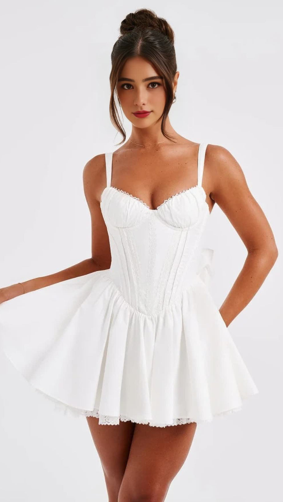 LACE RUFFLE TRIM CORSET MINI DRESS IN WHITE