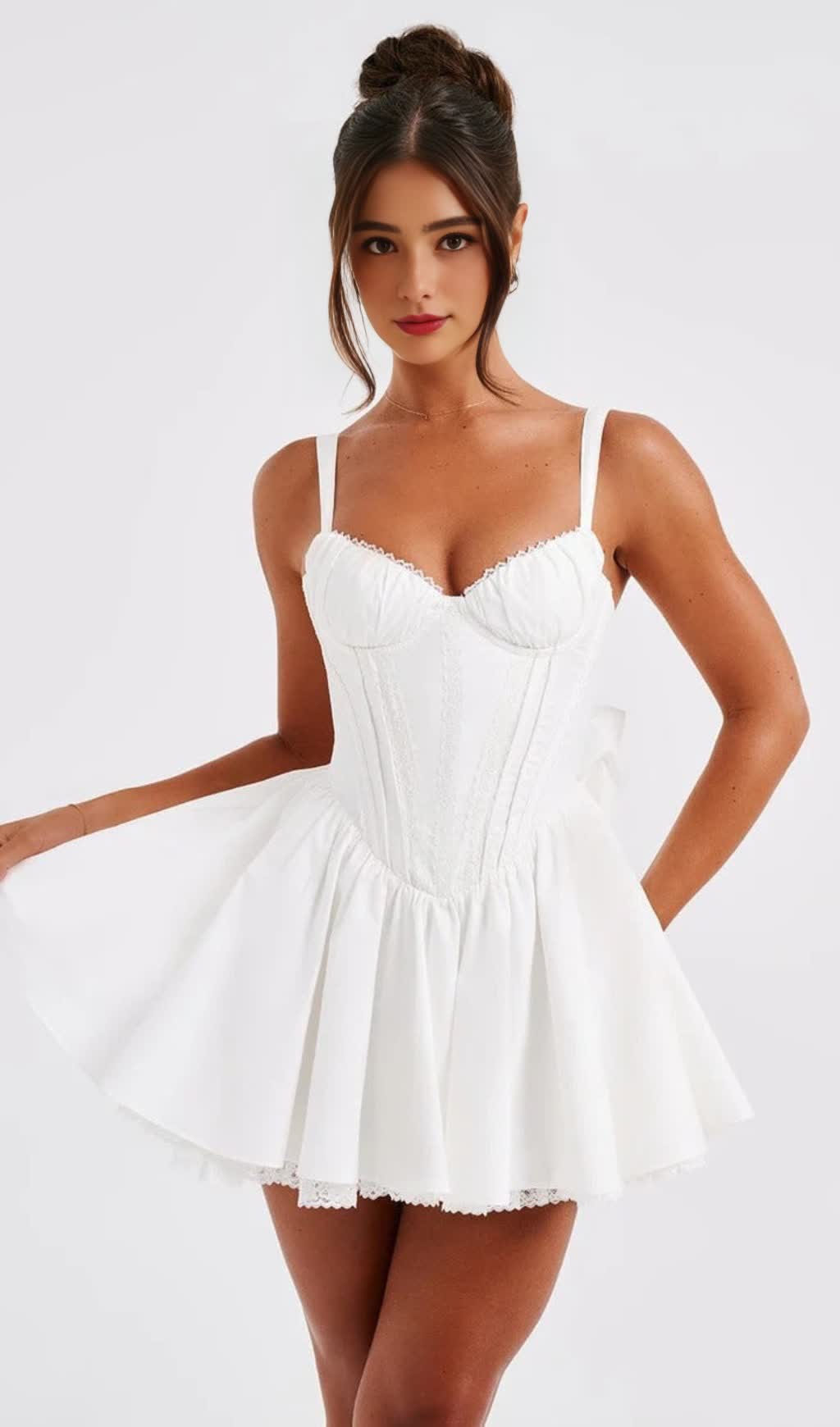LACE RUFFLE TRIM CORSET MINI DRESS IN WHITE