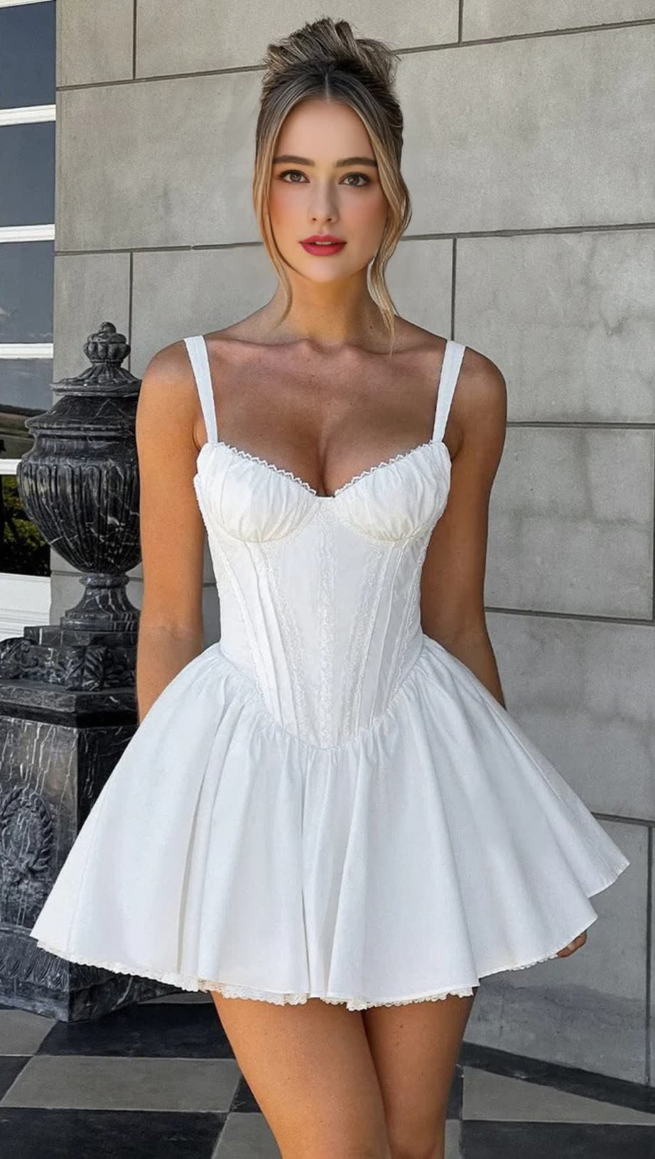 LACE RUFFLE TRIM CORSET MINI DRESS IN WHITE