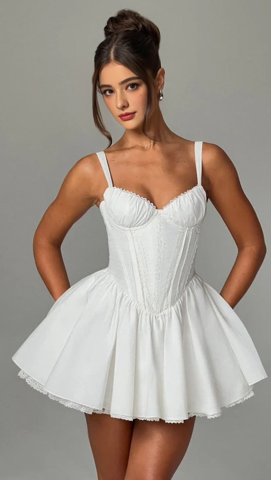 LACE RUFFLE TRIM CORSET MINI DRESS IN WHITE
