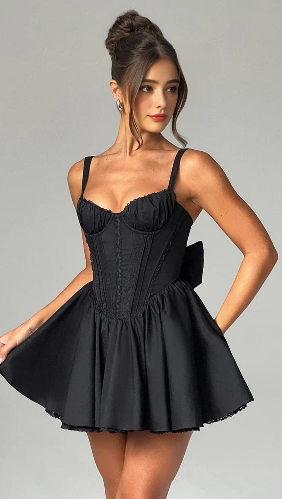 LACE RUFFLE TRIM CORSET MINI DRESS IN BLACK