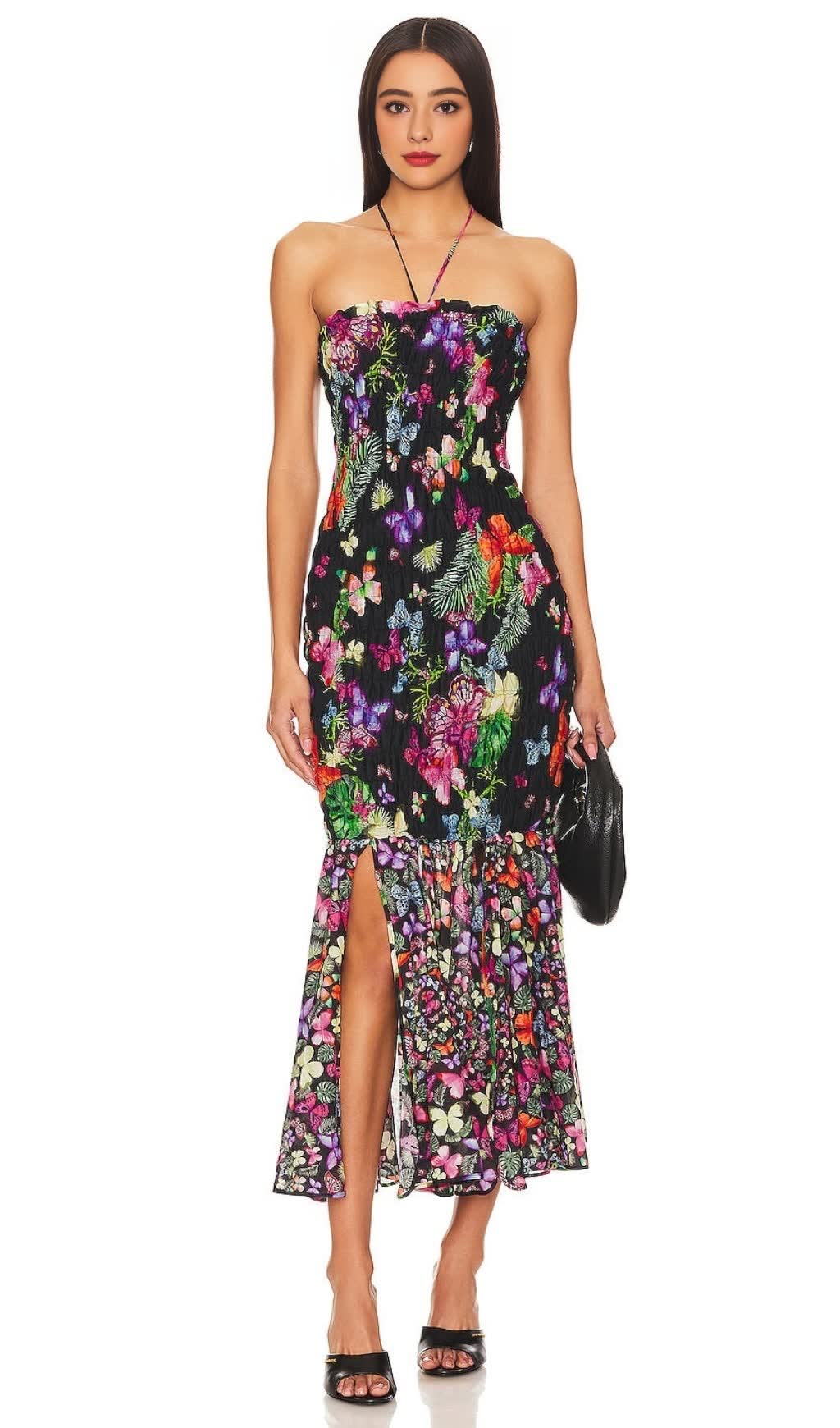 BUTTERFLY PRINT FISHTAIL WRAP MAXI DRESS