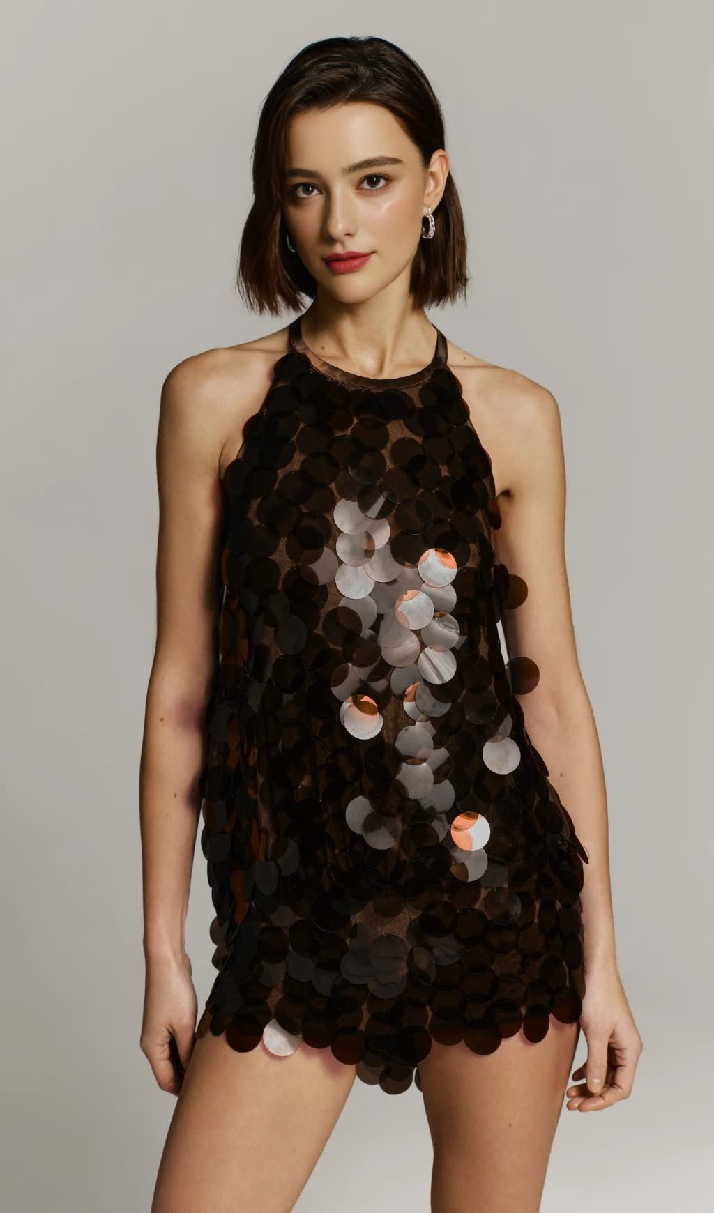 SHIRLEY SEQUIN HALTER BACKLESS MINI DRESS IN BROWN