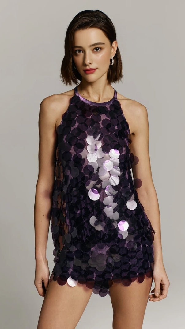 AIIZIE SHIRLEY SEQUIN HALTER BACKLESS MINI DRESS IN PURPLE - product image