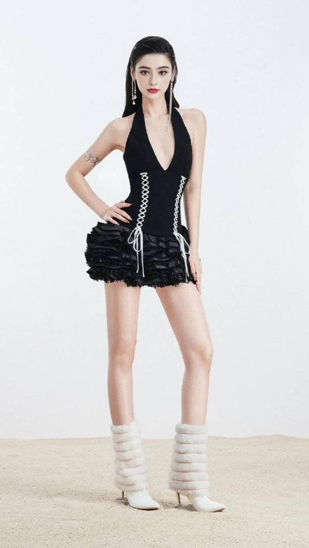 AIIZIE TRISTA LACE UP HALTER NECK RUFFLE MINI DRESS - product image