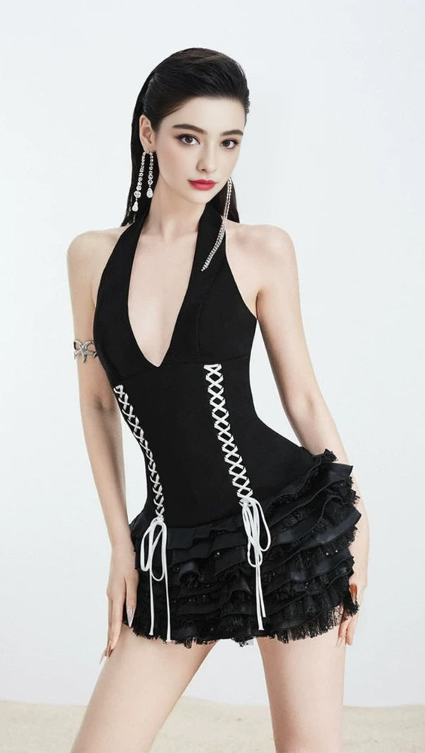 AIIZIE TRISTA LACE UP HALTER NECK RUFFLE MINI DRESS - product image
