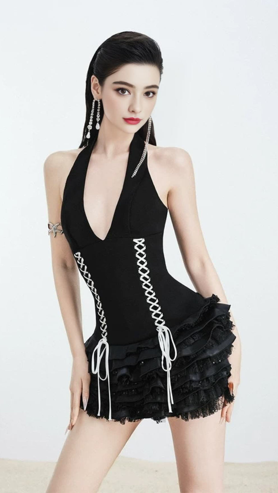 TRISTA LACE UP HALTER NECK RUFFLE MINI DRESS