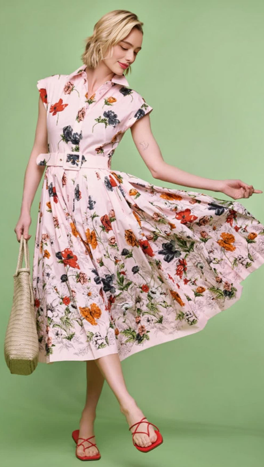 BELTED PLEATED FLORAL-PRINT COTTON-POPLIN MIDI SHIRT DRESS - PINK