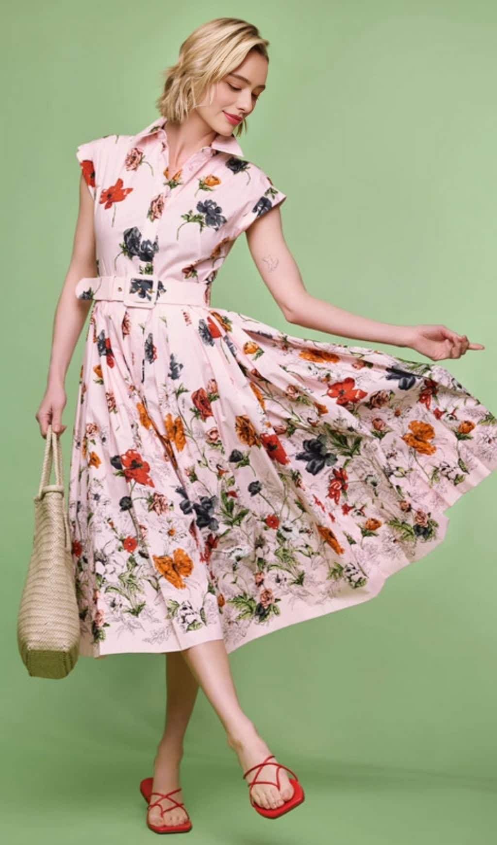 BELTED PLEATED FLORAL-PRINT COTTON-POPLIN MIDI SHIRT DRESS - PINK