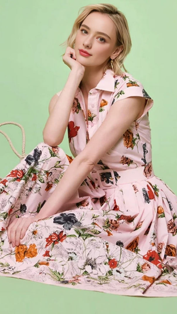 AIIZIE BELTED PLEATED FLORAL-PRINT COTTON-POPLIN MIDI SHIRT DRESS - PINK - product image