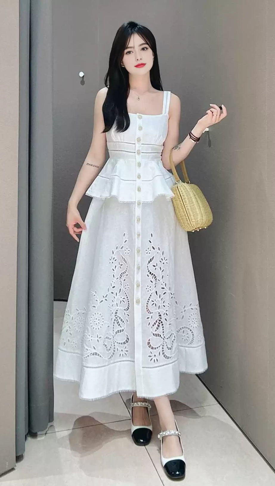 PEPLUM HOLLOW MIDI DRESS IN BEIGE