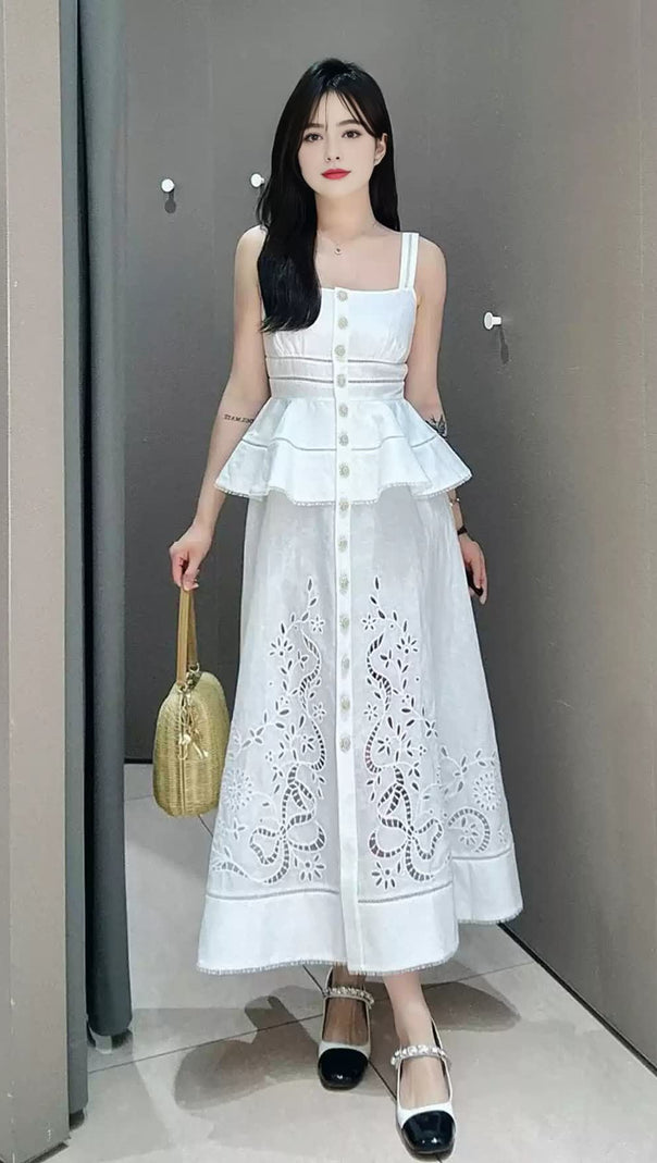 AIIZIE PEPLUM HOLLOW MIDI DRESS IN BEIGE - product image