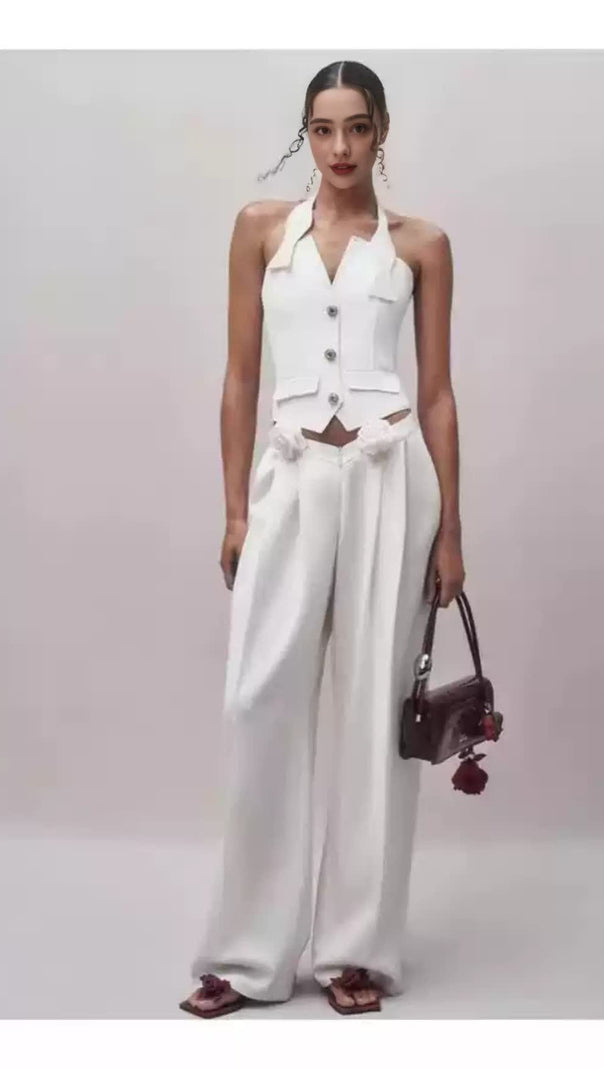 AIIZIE HALTER NECK VEST FLOWER EMBELLISHED PANTS SUIT IN IVORY - product image