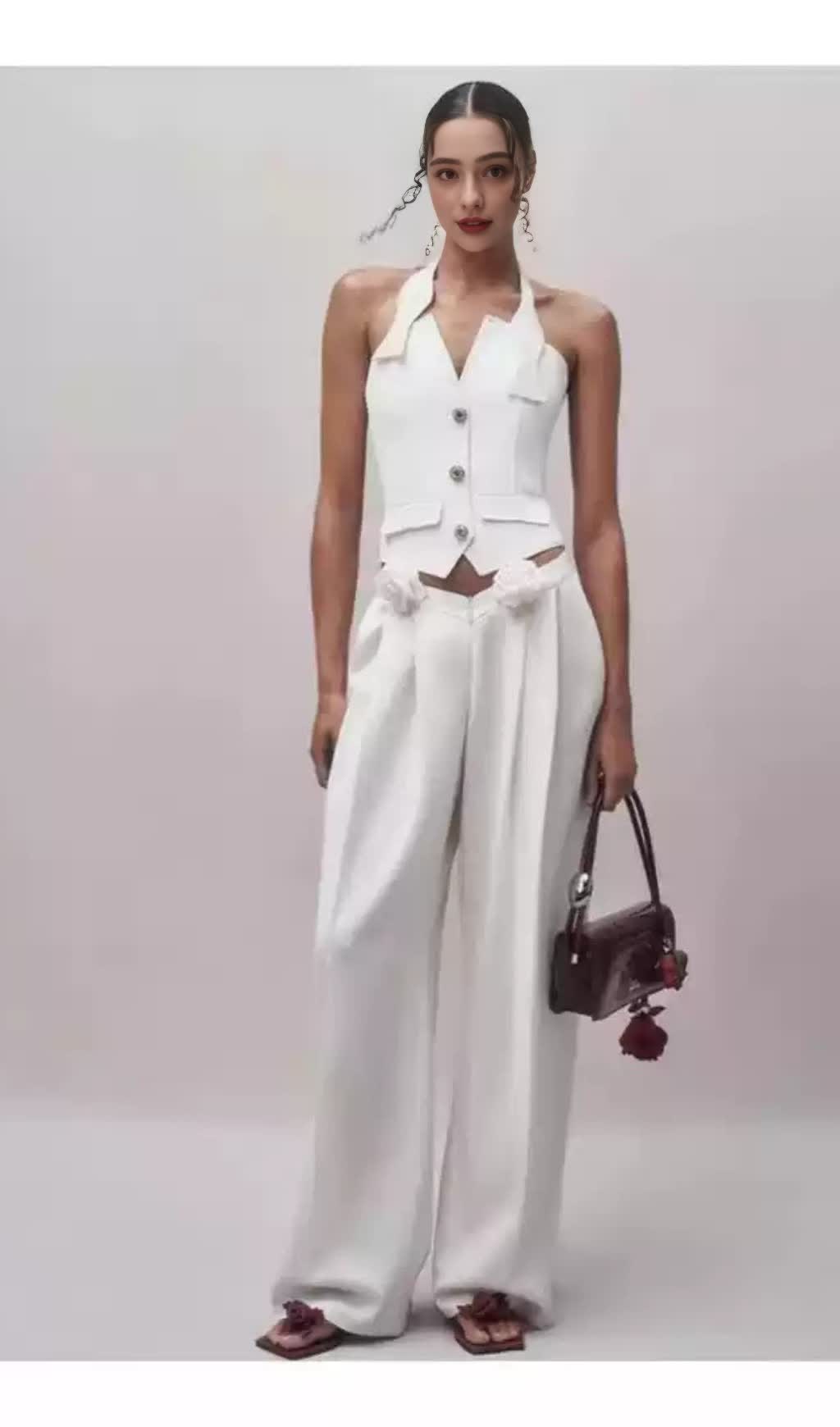 HALTER NECK VEST FLOWER EMBELLISHED PANTS SUIT IN IVORY