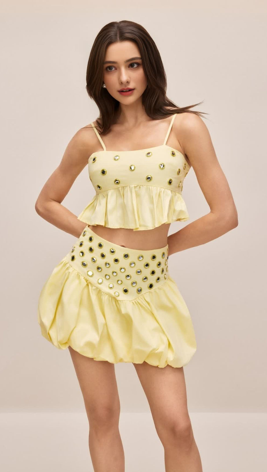 Ursula – Set aus bauchfreiem Top und Ballonrock mit Spiegelverzierung