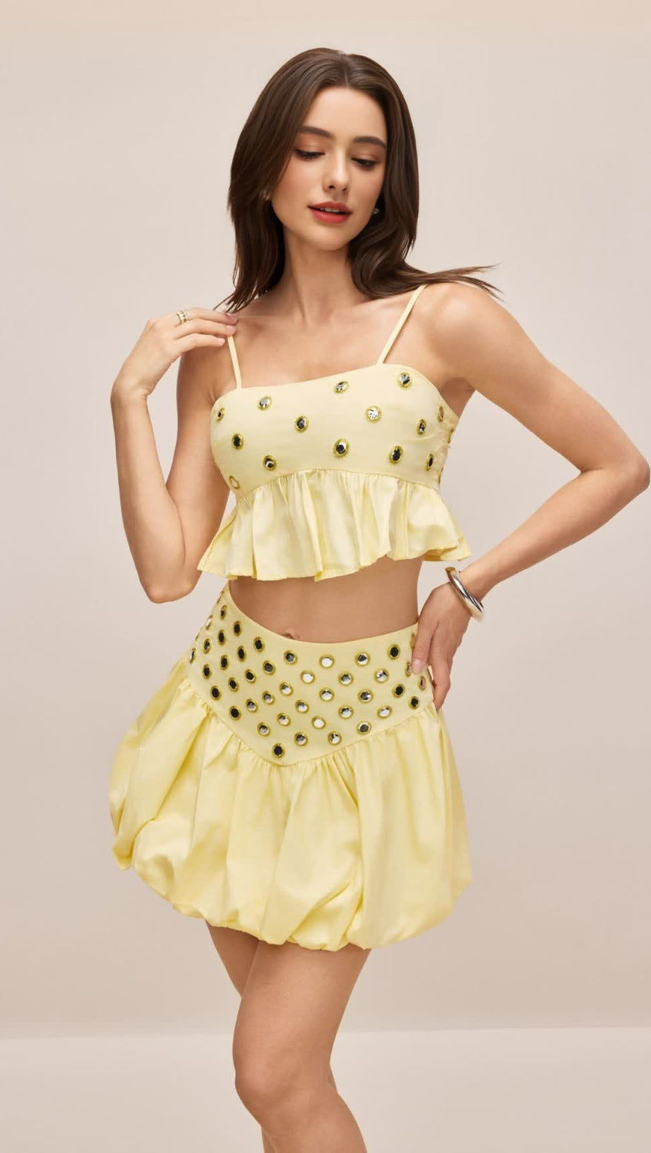 Ursula – Set aus bauchfreiem Top und Ballonrock mit Spiegelverzierung