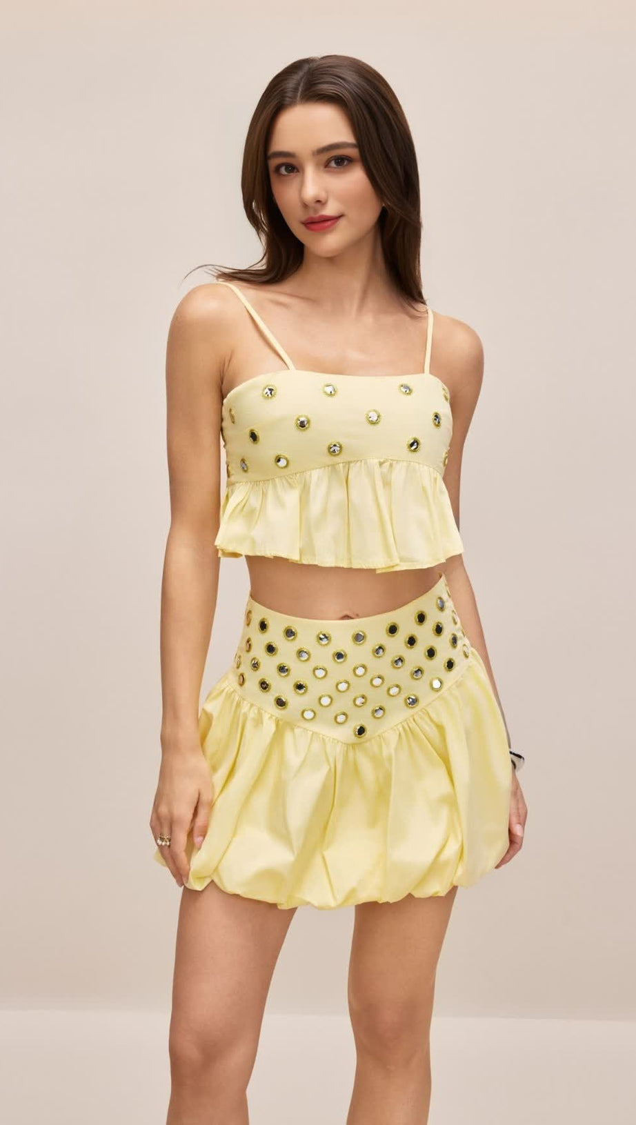 Ursula – Set aus bauchfreiem Top und Ballonrock mit Spiegelverzierung