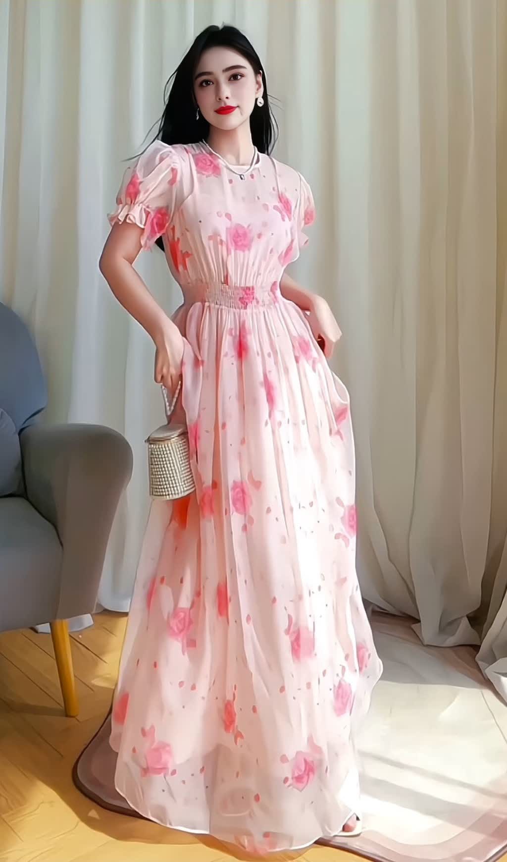 PINK FLORAL CHIFFON MAXI DRESS WITH BOW NECKLINE